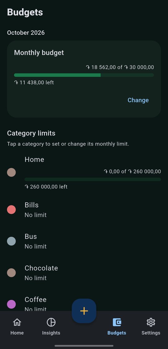 Monthly budget and limits per category