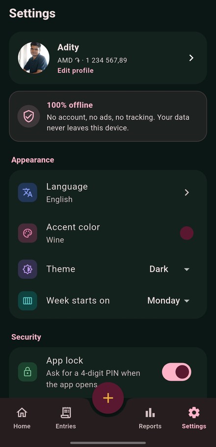 Settings for language, currency, number format and theme